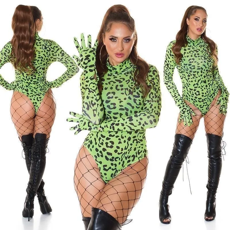 Damen Clubwear Langarm Stringbody Animalprint Leopard Grün